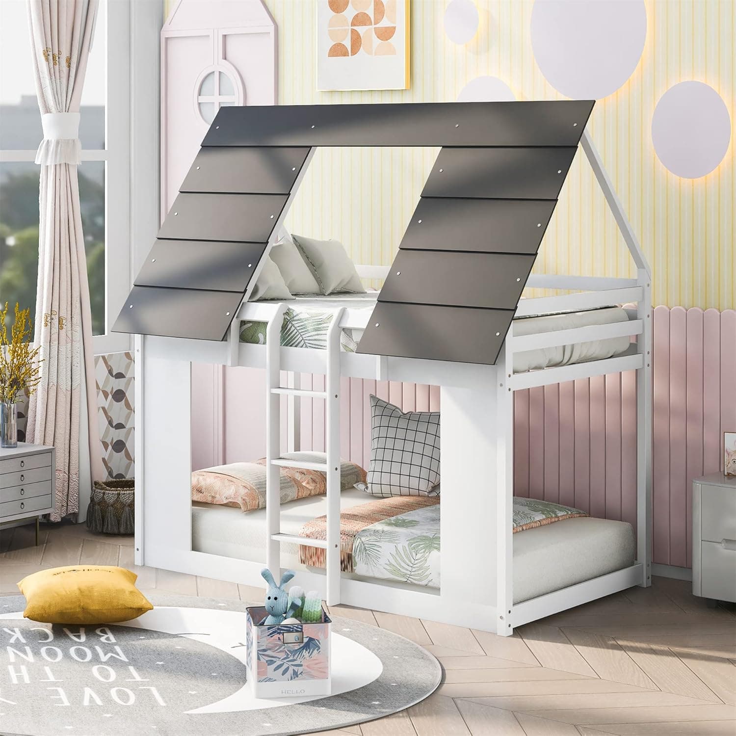 Harper & Bright Designs House Bunk Bed Twin Over Twin, Floor Bunk Bed with Roof and Built-in Ladder, Low Bunk Bed for Kids, Teens Easy Assembly (Light White +Gray)