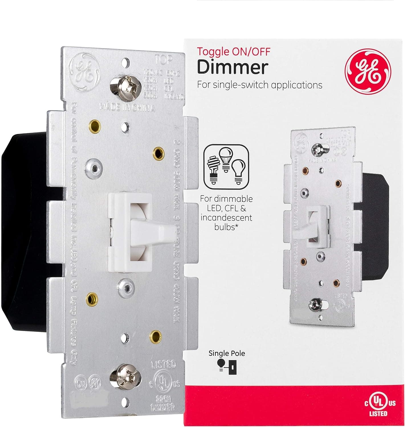 GE home electrical Single Pole Dimmer Toggle Switch, On/Off/Dim Settings, for Dimmable LED, CFL and Incandescent Bulbs, DIY Project, UL Listed, White, 18025