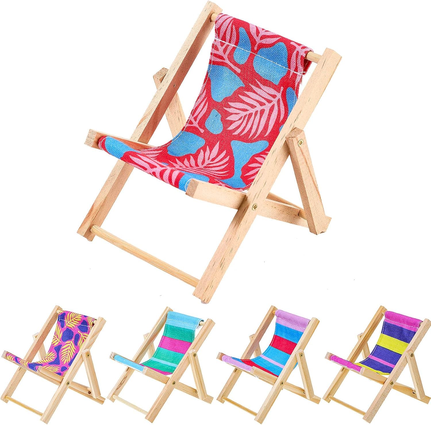 Skylety 5 Pieces Mini Wooden Beach Chair Cell Phone Holder Mini Folding Chairs Mini Deck Chair Longue Deck Chair Dollhouse Furniture Miniature Scene Accessories for 1:12 Dollhouse Decor
