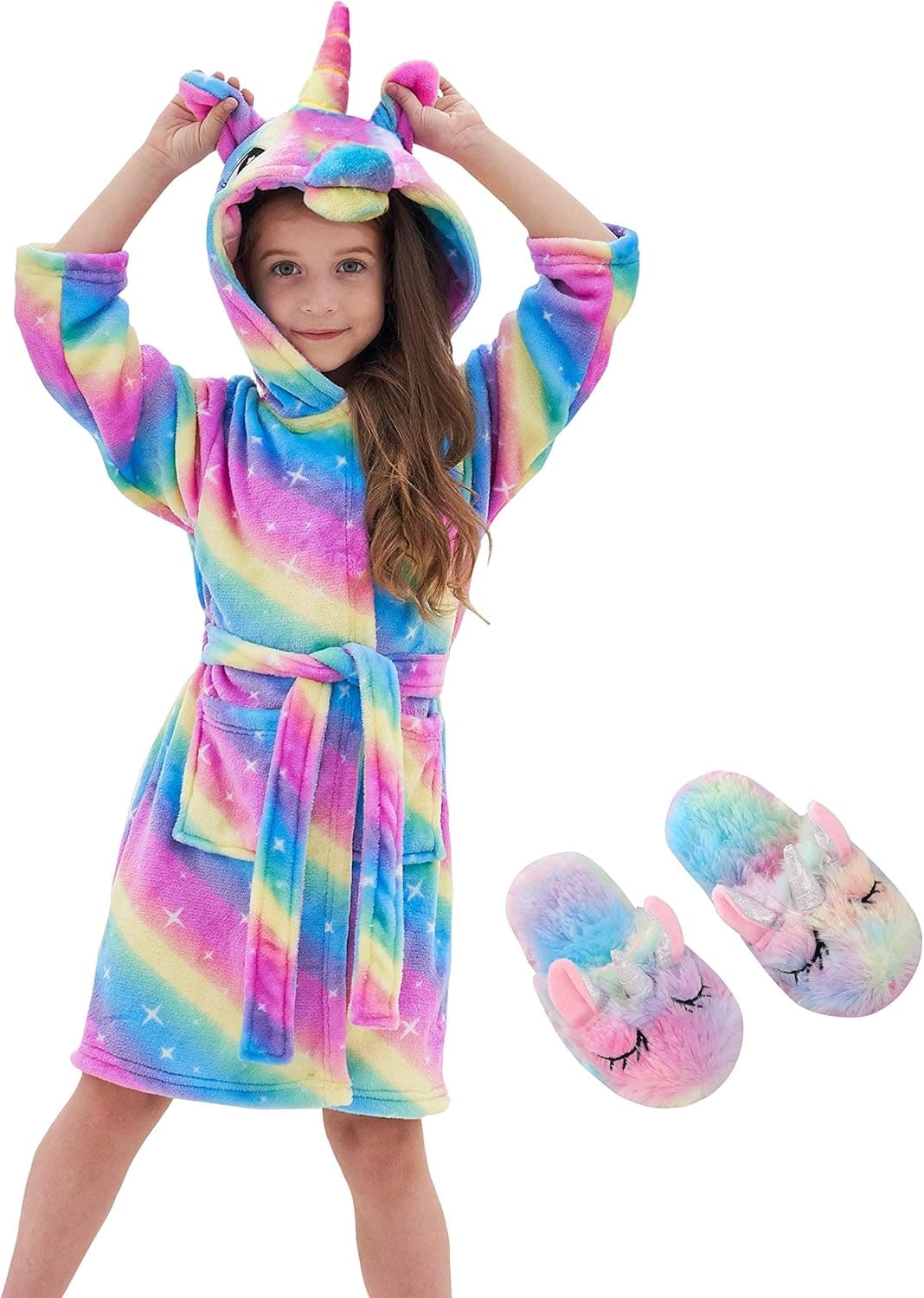 Unicorn Hooded Bathrobe Sleepwear Matching Slippers Girls Gifts