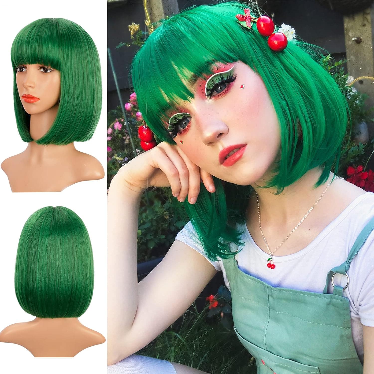 Stamped Glorious Green Bob Wig With Bangs Straight Hair Synthetic Wigs for Women Colorful Cosplay High Temperature Heat Resistant Wig 10 Inch