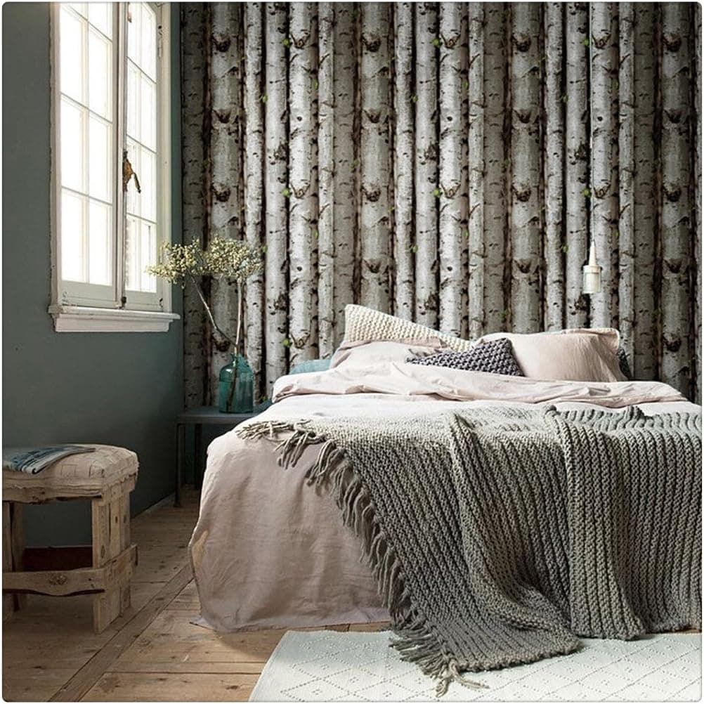 HaokHome 151033 Vintatge Birch Tree Wallpaper Rolls Black/Green/Grey Forest Wood Designer Home Interior Decoration 20.8" x 393.7"