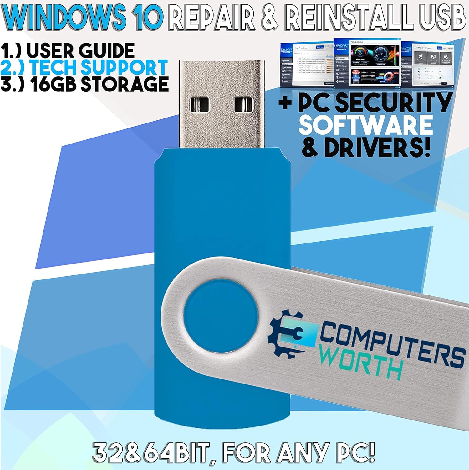 Bootable USB Compatible w/ Windows 10 Pro & Home Reinstall Recovery Repair Reboot Restore Clean Install Fix Reset w/ Antivirus Protection & Drivers Software | For ANY PC 32 or 64 Bit