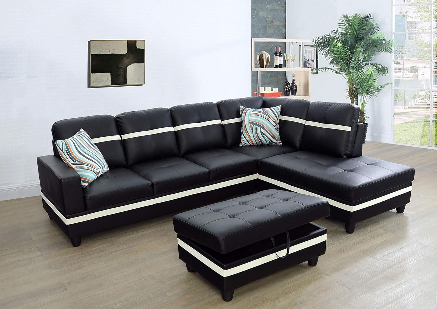 Ainehome Faux Leather 3 Piece Sectional Sofa Couch Set, L-Shaped Modern Sofa with Chaise Storage Ottoman and Pillows for Living Room Furniture, Right Hand Facing Sectional Sofa Set Black & White