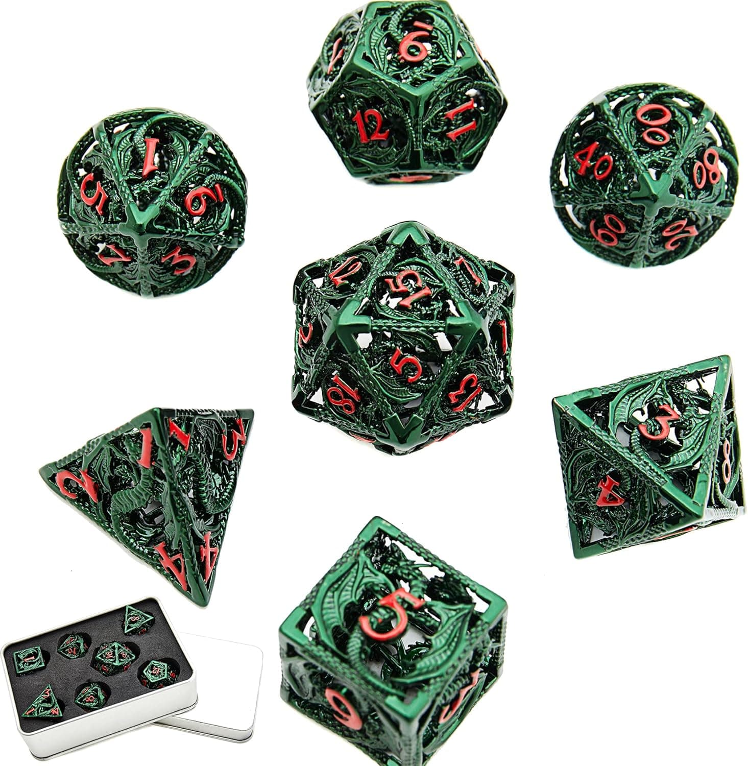 DND Game Dragon Pattern Hollow Metal Dice 7Pcs Set and with Metal Box Gifts for Dungeons and Dragons RPG MTG Table Games D&D Pathfinder Shadowrun and Math Teaching
