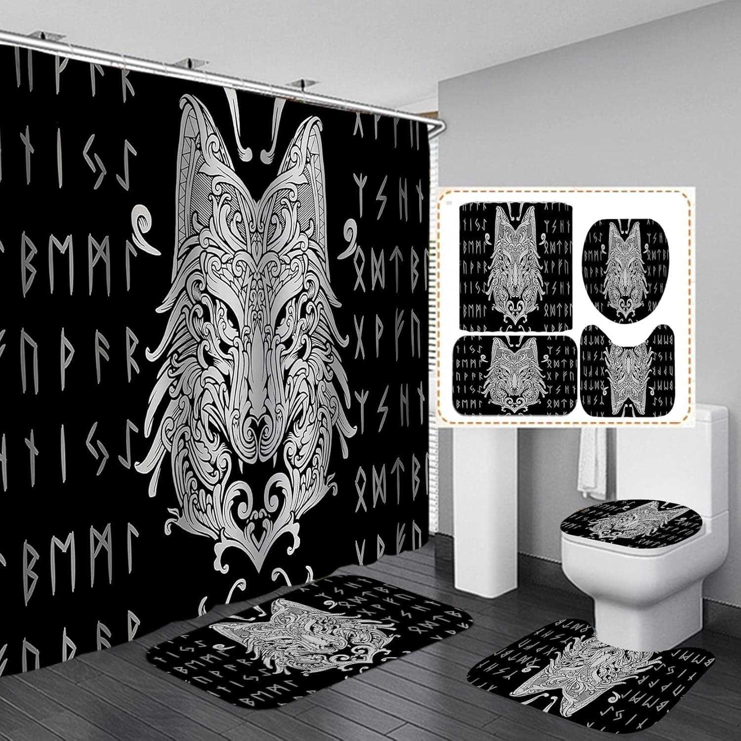 SKAILIÉ 4PCS Viking Wolf Shower Curtain Set, Ancient Scandinavian Vegvisir Wildlife Wild Animal Runes Norse Mythology Nordic Bathroom Decor, Fabric Black Shower Curtain, Non-slip Bath Mat, Fenrir Wolf