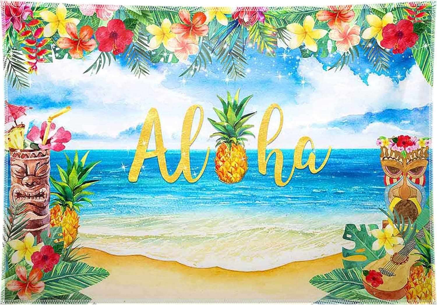 96x72inch Fabric Aloha Backdrop Luau Hawaiian Party Decorations Tropical Beach Leis Photo Booth Summer Birthday Banner Supplies Tiki Themed Photography Background for Adults Couple Kids