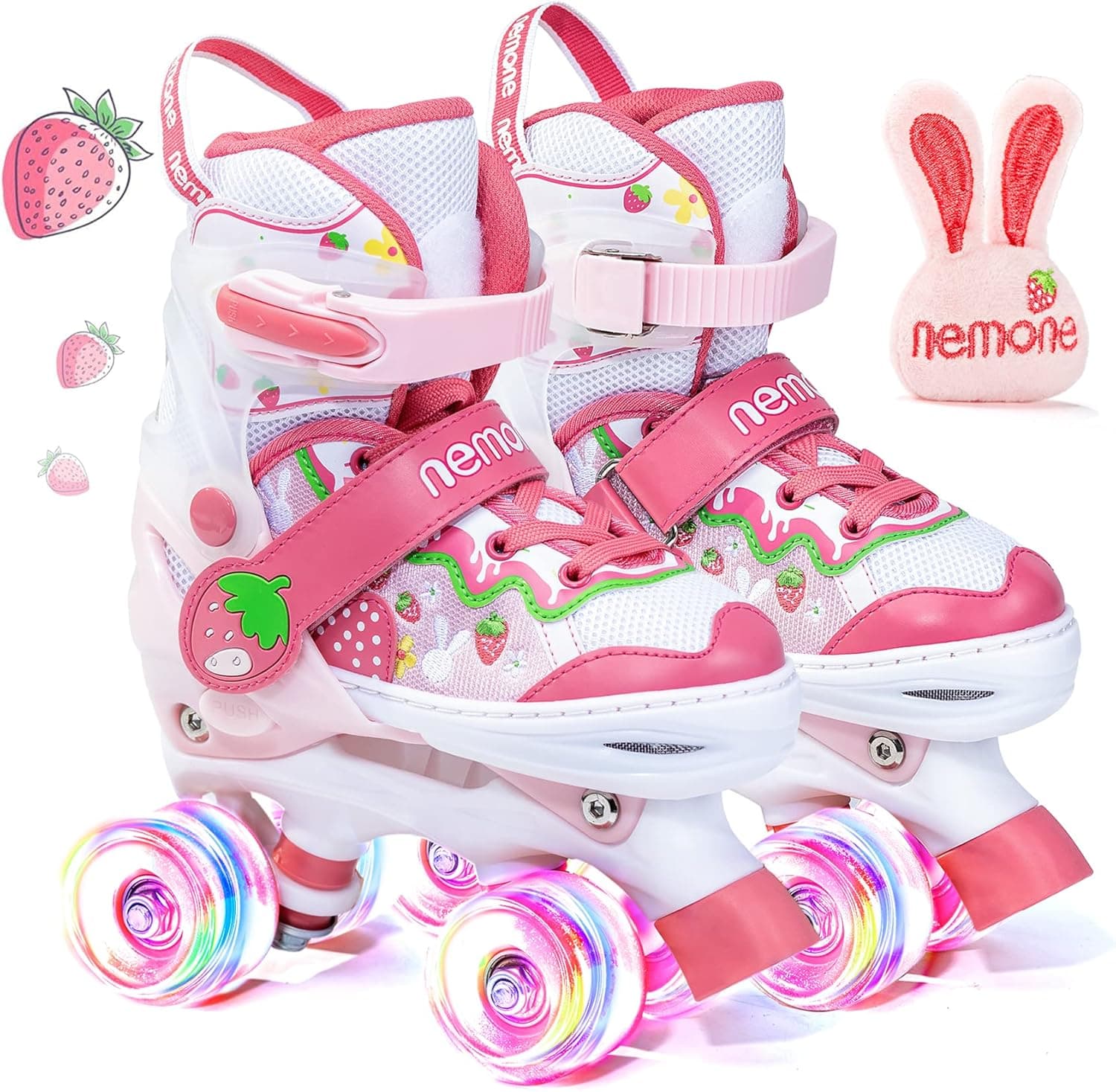 NEMONE Mermaid or Bunny Strawberry 4 Size Adjustable Light up Roller Skates for Girls, Purple Blue Skates for Toddlers, Beginner Kids Roller Skates Indoor Outdoor