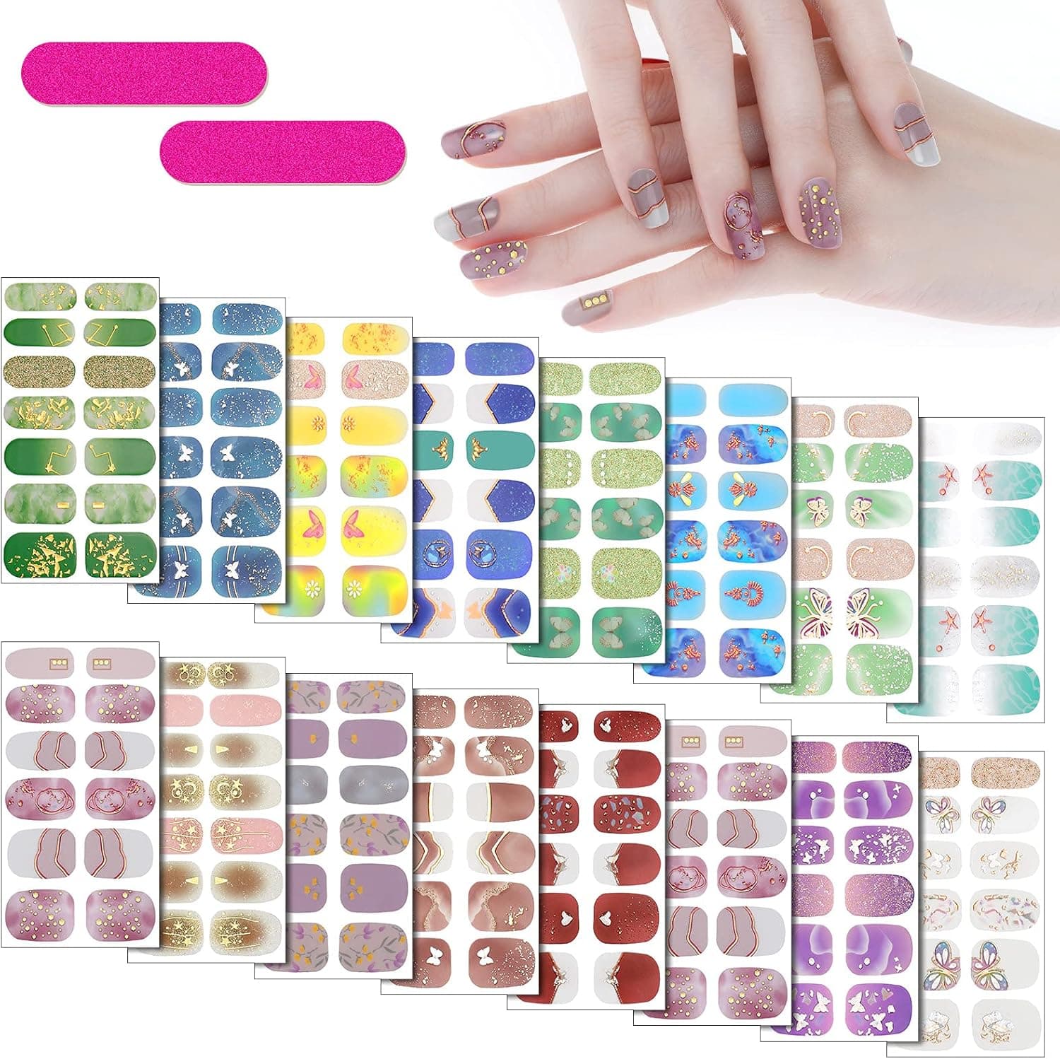 16 Sheets Full Wrap Gradient Nail Polish Stickers Self-Adhesive Nail Art Decal Strips Full Cover Nail Art Stickers with 2 Pieces Nail Files for DIY Women Girls Nail Art Decoration (Butterfly Style)