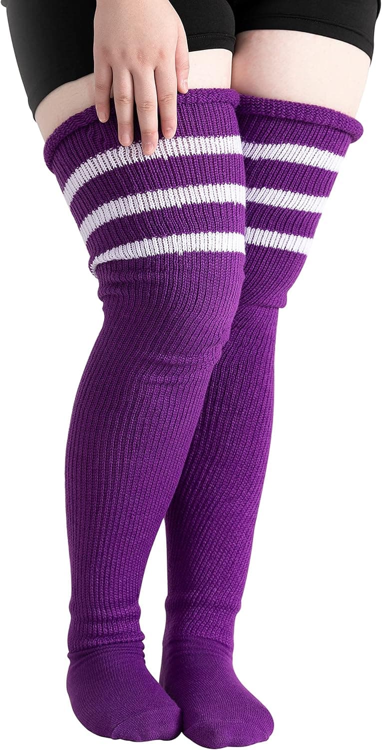 Women's Plus Size Thigh High Socks for Thick Thighs, Extra Long Over Knee Striped Stockings, Knee High Leg Warmer Boot Socks