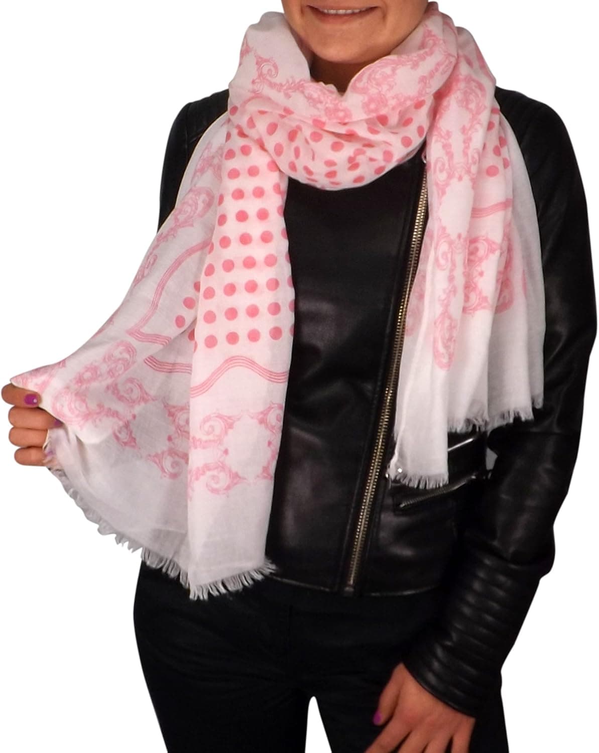 Peach Couture Polka Dot Paisley Bordered Eyelash Fringe All Season Scarf