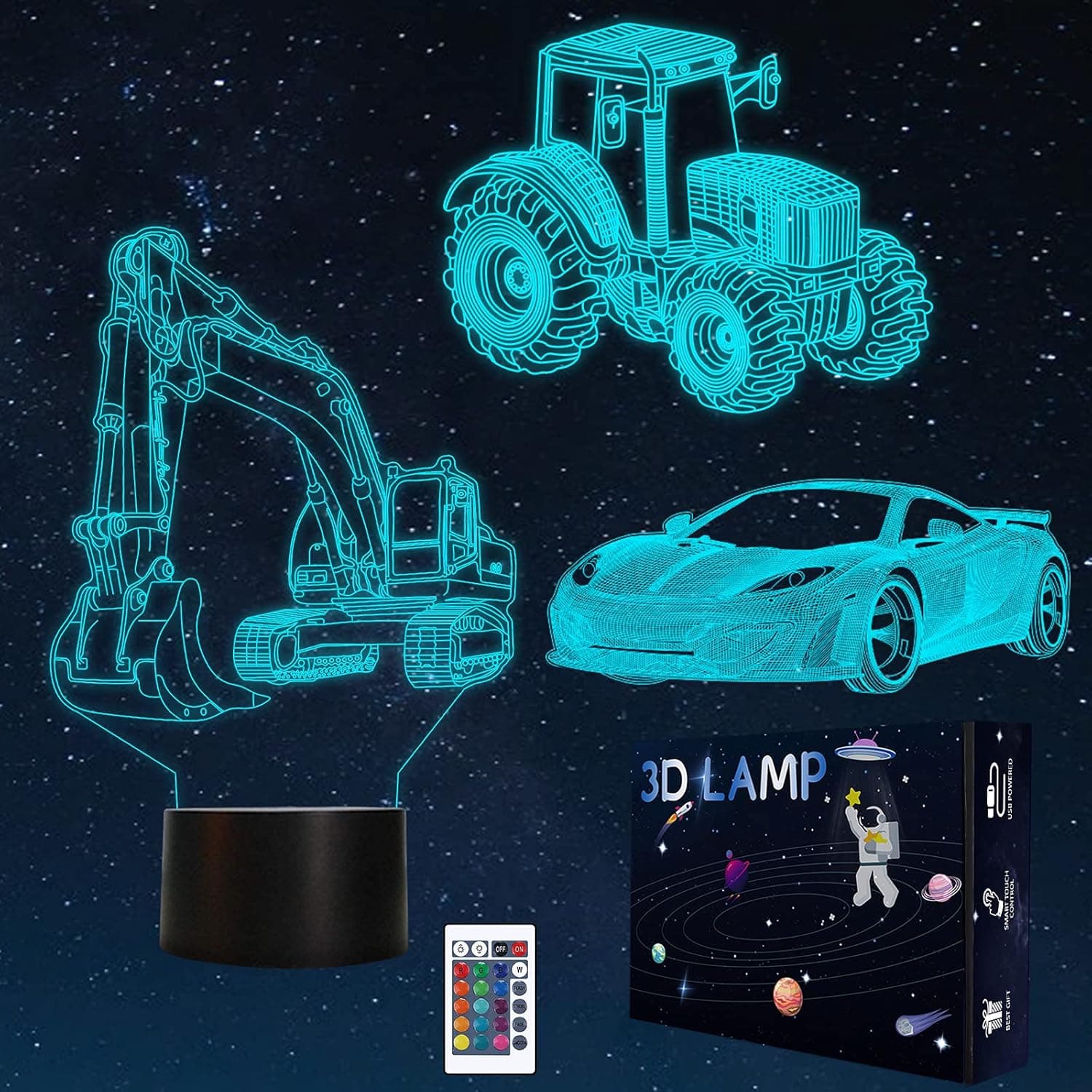 UPSIME 3D Car Lamp Night Light, Bedside Lamp Car, Tractor, Excavator 3 Patterns 16 Colors Changing with Control Smart Touch, Kids Bedroom Decor Christmas Birthday Gifts for Boys Girls (Tractor)