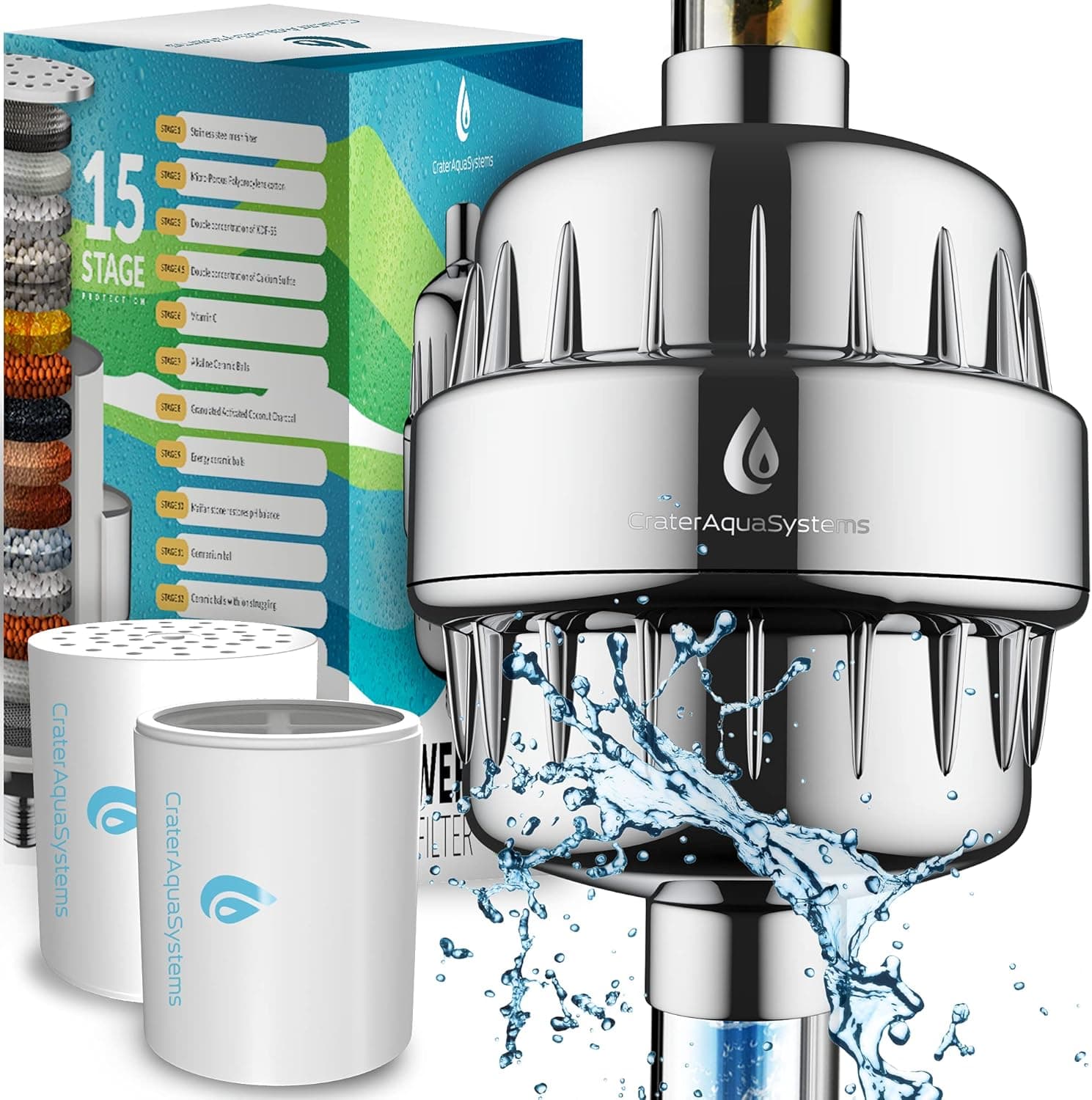 15 Stage Shower Water Filter to remove impurities - 2 Cartridge for Showerhead filters - Filtered showers head softener for hard water - Chrome
