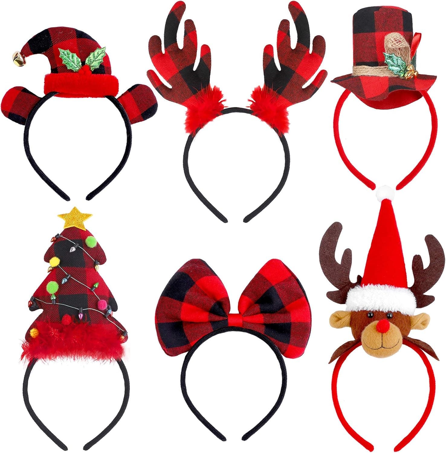 ELCOHO 6 Pack Red Buffalo Plaid Christmas Headbands Reindeer Christmas Bows Costume Hair Hoop for Christmas Holiday Party Favors, 6 Styles
