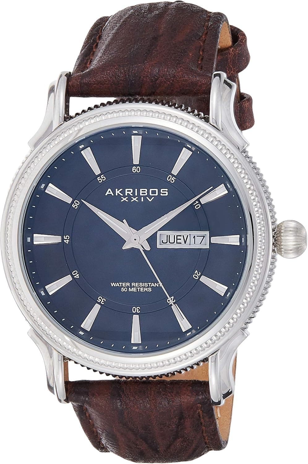 Akribos XXIV Men's 'Essential' Men's Watch - Coin Edged Bezel with Day and Date Window, Luminescent Hands on Genuine Leather Strap - AK726
