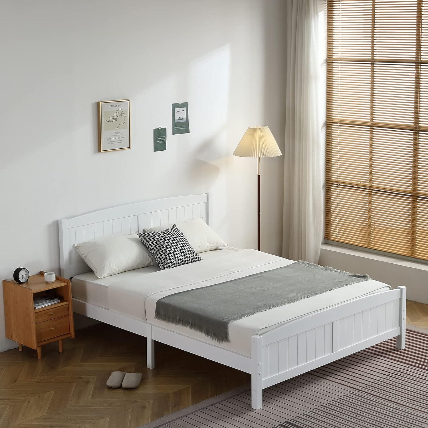 Karl home Wood Bedframe Queen Bed Frame with Headboard Bedroom Platform Bed with Footboard, 12 Wood Slat Support, No Box Spring Needed, White