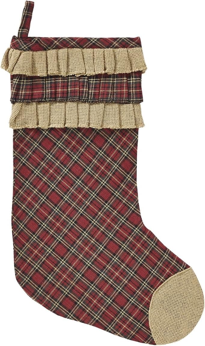 Red Plaid Tartan Christmas Holiday Burlap Ruffle Stocking 11x15 Inches