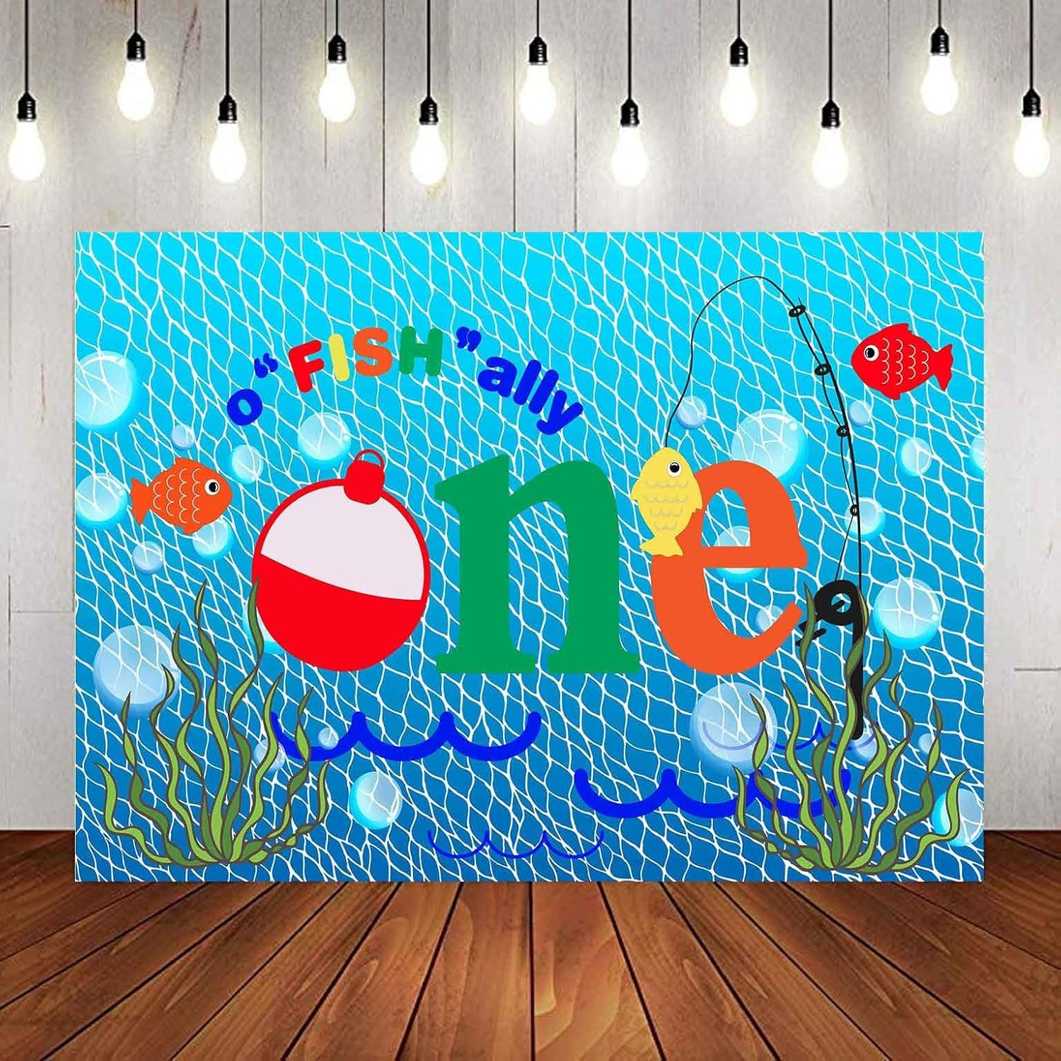 Gone Fishing 1st Birthday Party Photography Backdrop, 9x6FT, O Fish Ally Blue Fishing Nets Bubbles Background, Photo Booth Studio Props LYLU1179