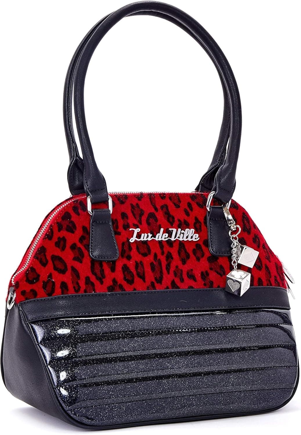 Lux de Ville Dame Tote Midnight Sparkle and Red Leopard with Dice Bauble