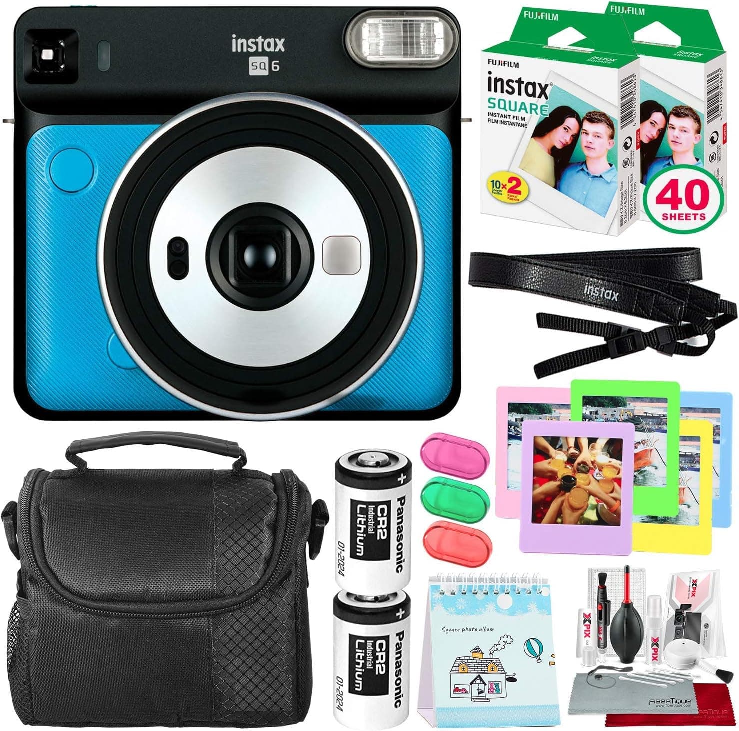 Fujifilm instax Square SQ6 Instant Film Camera (Metallic Blue) + 40 Sheet Square Instant Film + Camera Bag + Deluxe Bundle (USA Warrantty)