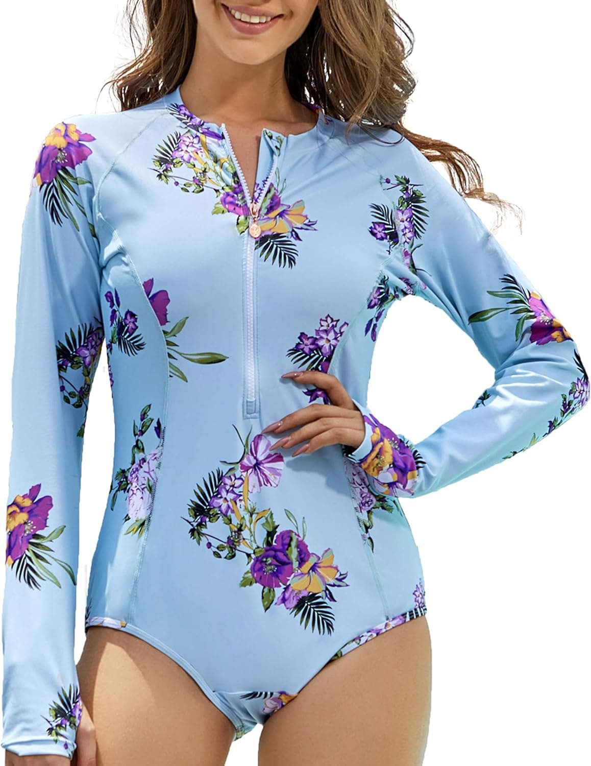 AS ROSE RICH Womens Rash Guard Printed Zipper Long Sleeve Bathing Suits for Women One Piece Surfing Swimsuits UV Protection Small Slate
