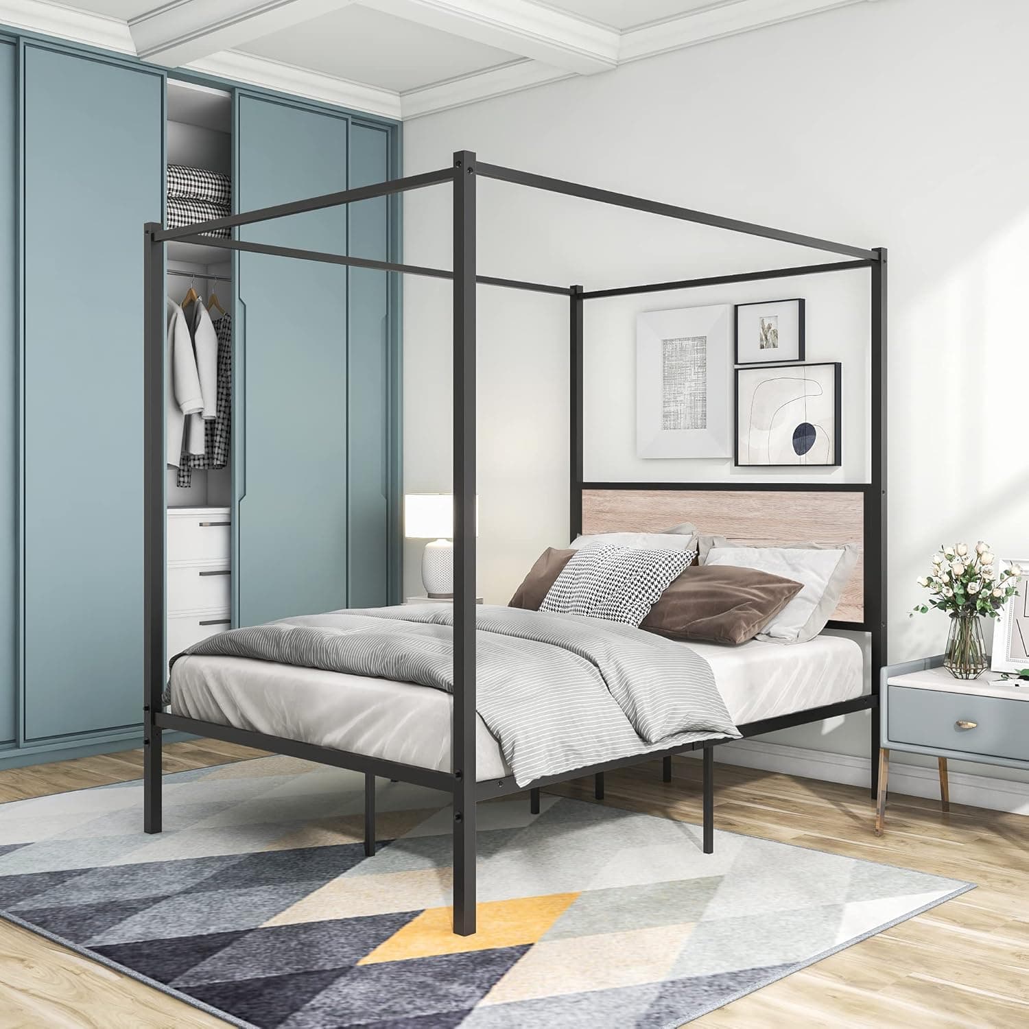 JURMERRY Metal Canopy Platform Bed Frame with Wooden Headboard/No Box Spring Need/Mattress Support Easy Assembly Full,Black Oak