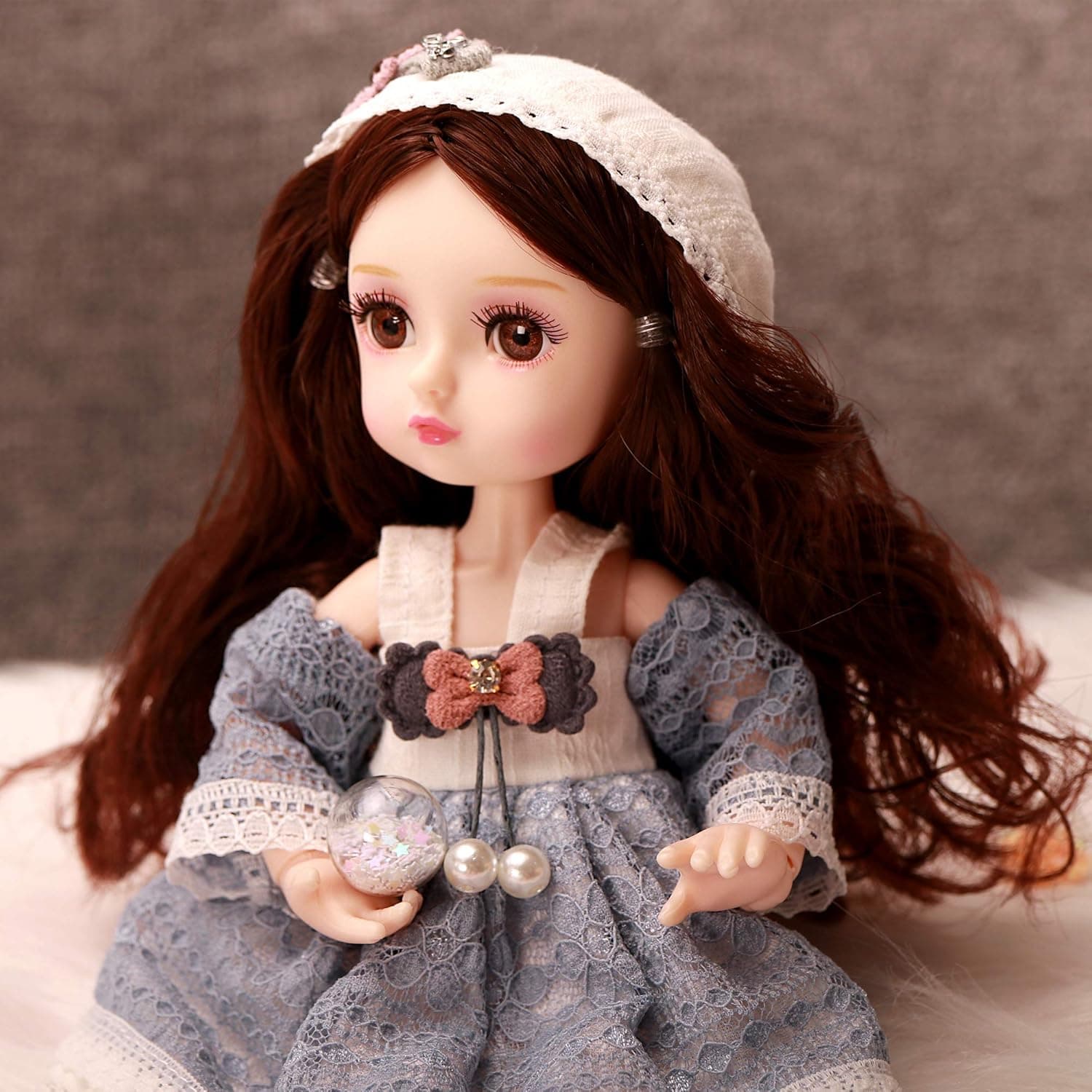 10 inch BJD Ball Joints Doll Full Set with with Dark Brown Long Hair, Skirt with hat and Shoes, SD Doll as Gift for Girl.(Michelle)