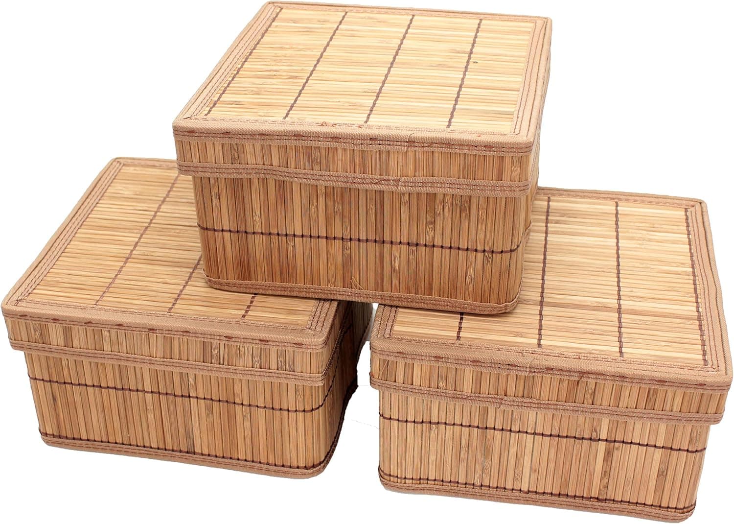 Seta Direct, Brown Natural Bamboo Foldable Organization Square Storage Box with Lid [3 Pack, Small], BX708