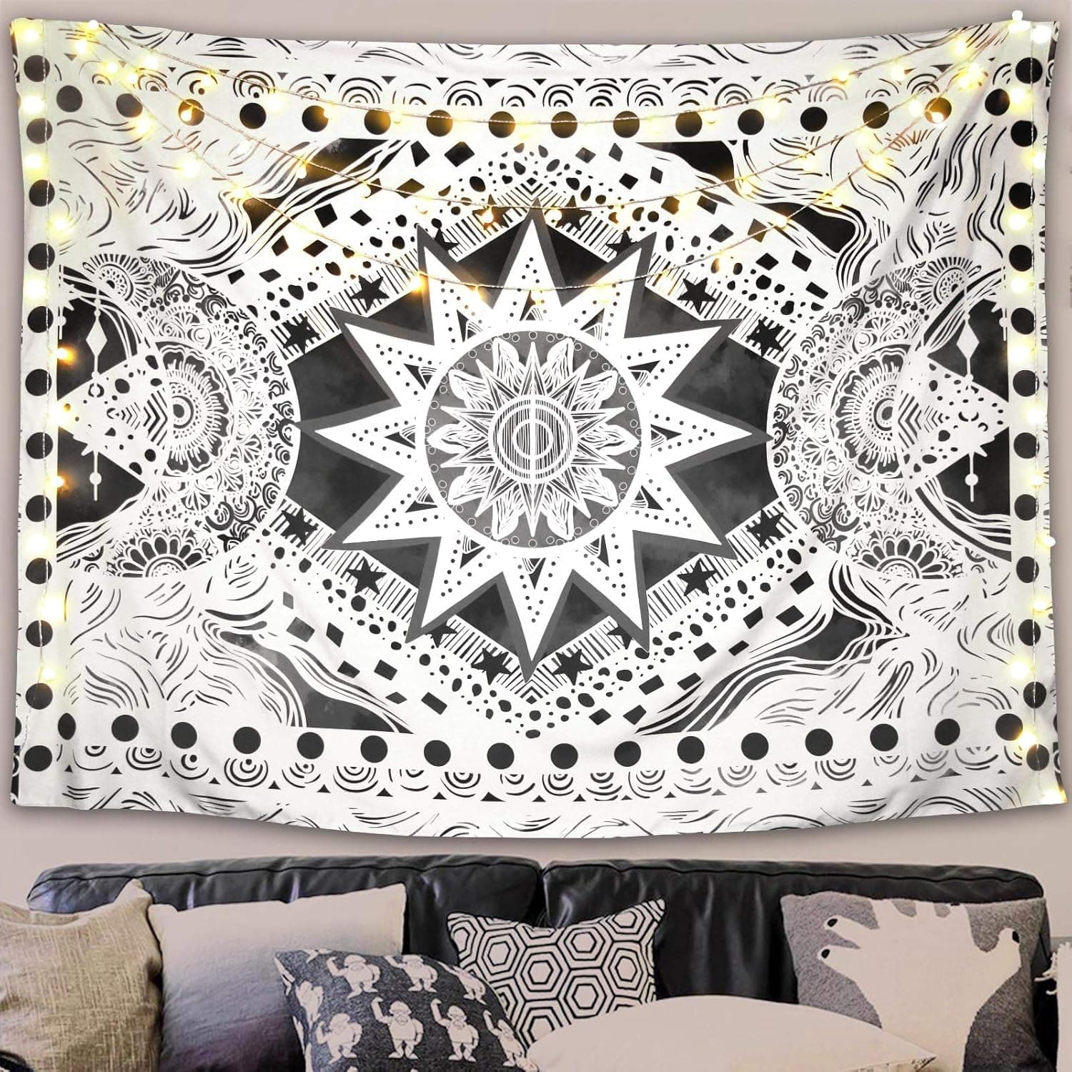 Fowocu Gray and White Sun and Moon Tapestry Wall Hanging, Indie Hippie Mandala Cool Wall Tapestries, Tapestry for Bedroom Living Room Dorm (Gray and White, 60'' × 80'')
