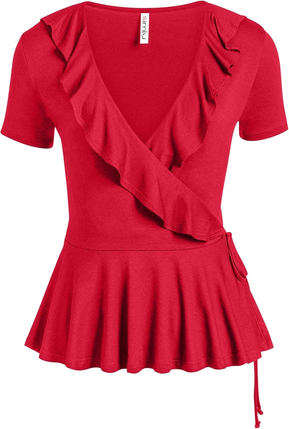 Womens Deep V Neck Short Sleeve Wrap Tie Top Peplum Ruffle Shirt - USA