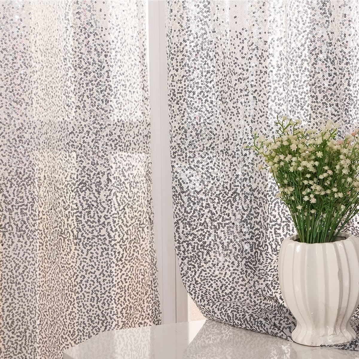 SquarePie Sheer Curtain Sequin Sparkly Window Treatments Gradual Change for Bedroom Living Room 2 Panels 52 x 84 Inch White