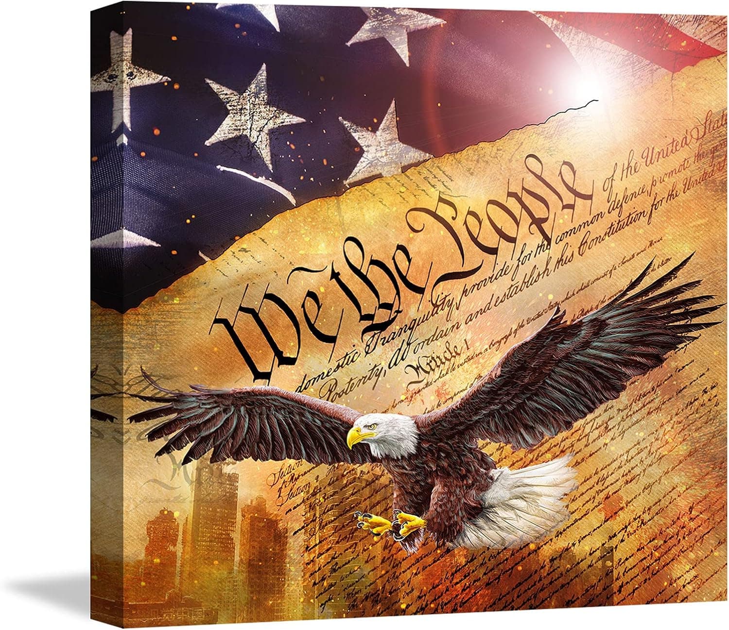 Eagle Canvas Wall Art, American Flag Print Wall Decor Military Decoration for Living Room Bedroom Office Native American Country Room Decals Americana Home Poster Artwork Gifts Framed Easy to Hang