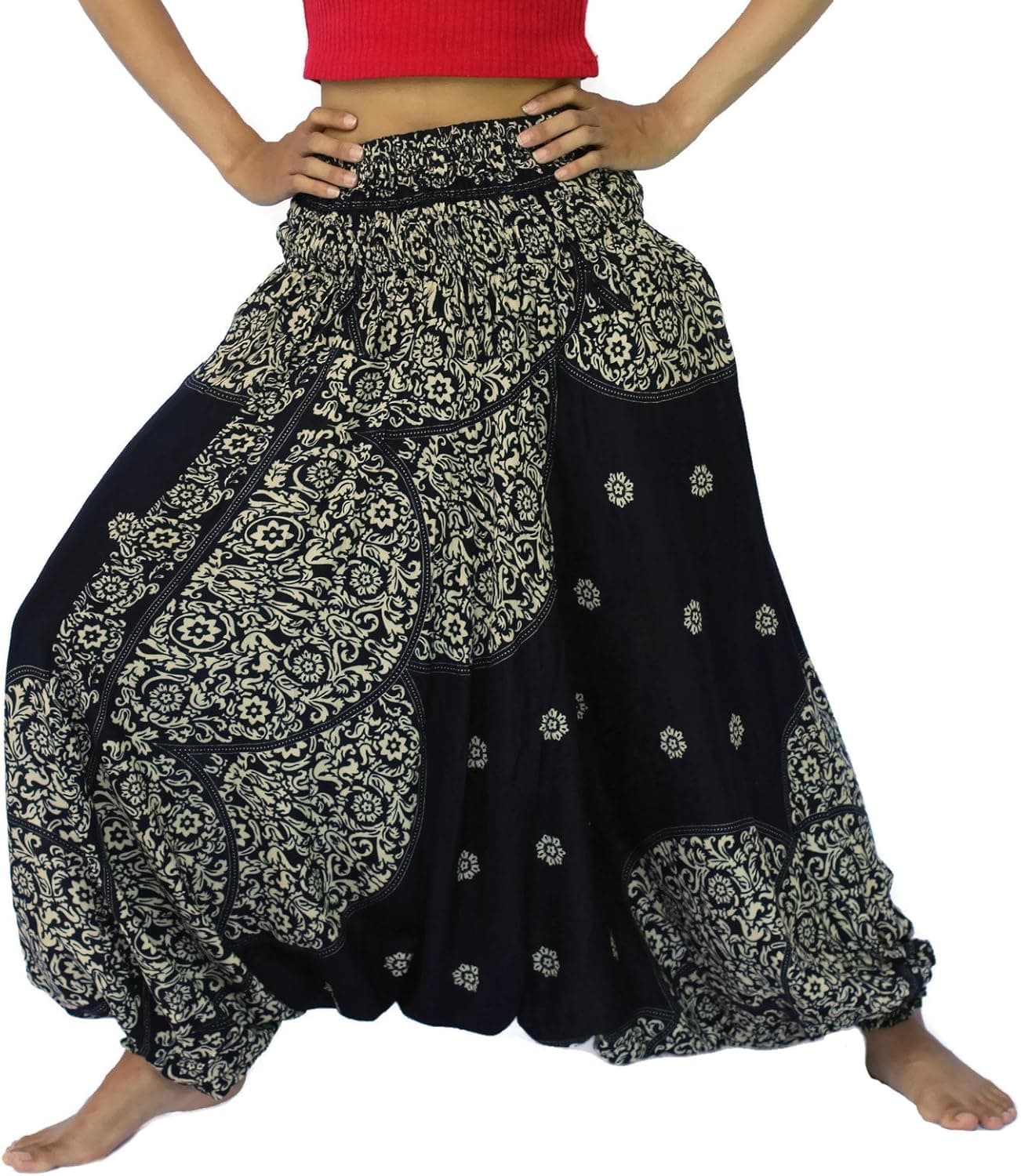 NaLuck Harem Pants Women’s Hippie Bohemian Smocked Waist Mandala Paisley Classic Boho Yoga Aladdin Pants Jumpsuit