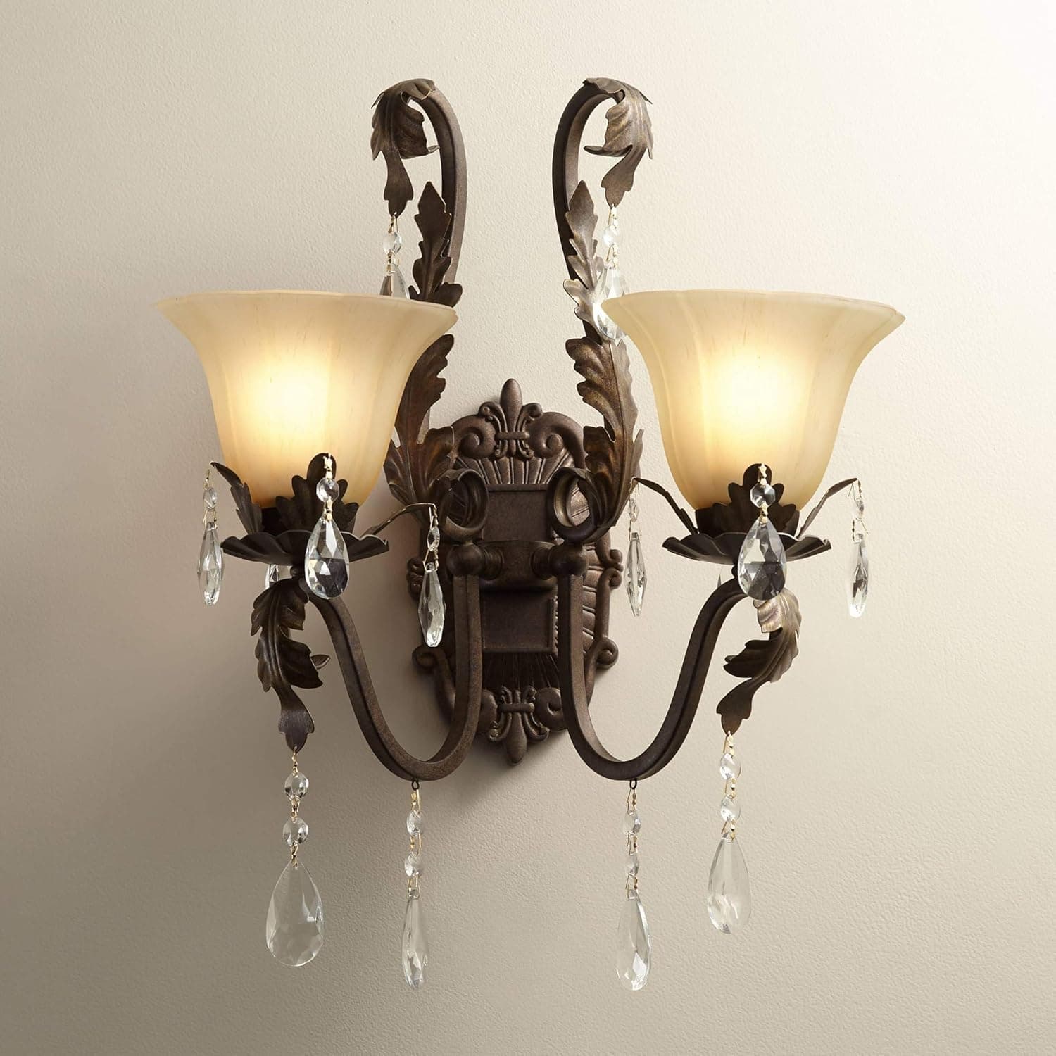 Regency Hill Iron Leaf Wall Sconce Lighting Roman Bronze Hardwired 15 1/2" High 2-Light Fixture Crystal Scroll Arms for Bedroom Bathroom Bedside Living Room Home Hallway Dining Kitchen