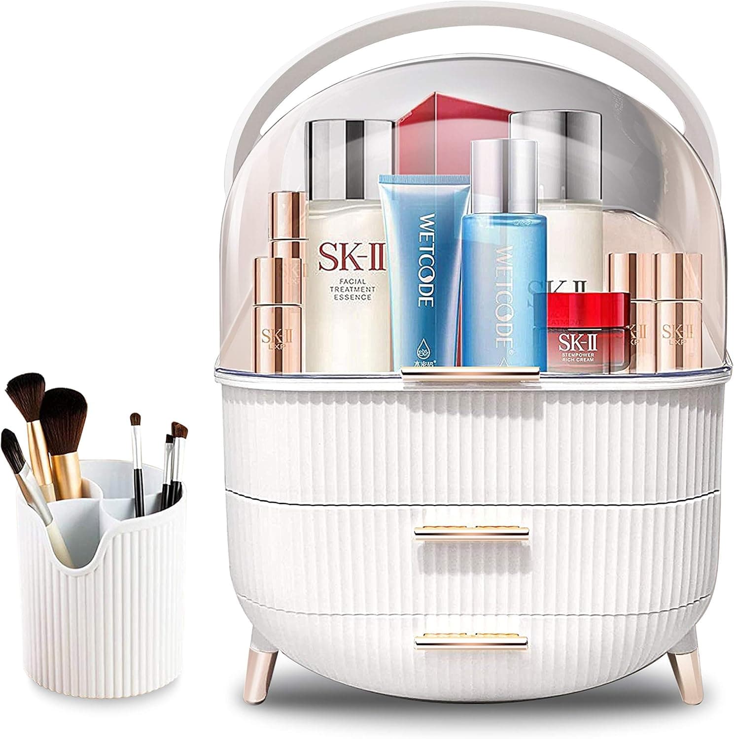 Large Makeup Organizer with Drawers and Brush Organizer, Transparent Cosmetics Organizer Storage Display Case with Dust Water Proof Cover, Suitable for Bathroom Countertop and Bedroom Vanity Dresser (White)