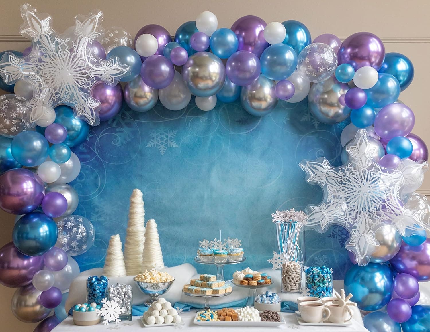 Riles & Bash Frozen Snowflake Balloons with Winter Wonderland Backdrop - 102 Pc. Balloon Garland Kit, 2 Large Mylar Snowflake Balloons, Balloon Pump - Blue,Purple,Silver,White & Clear Snowflakes