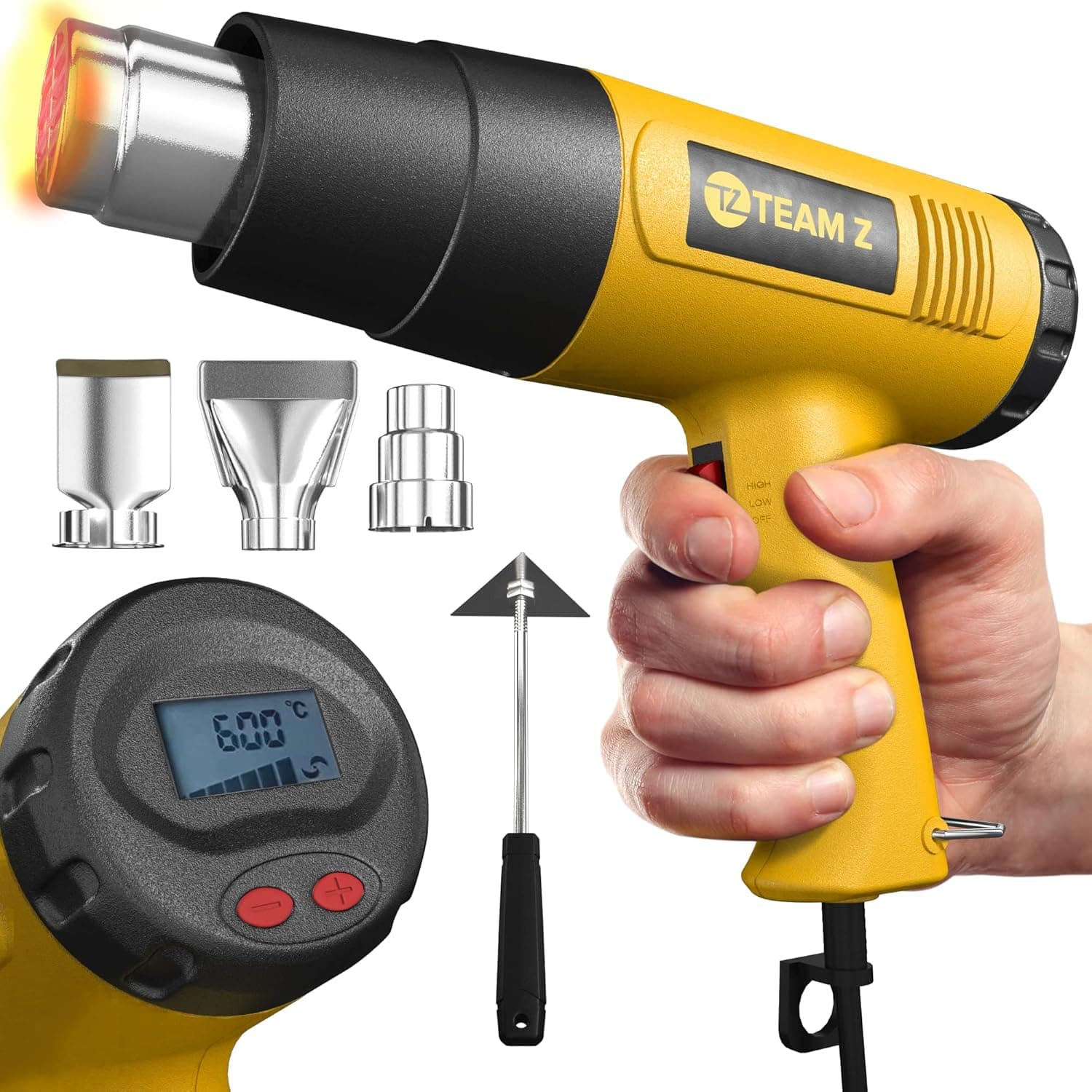 Team Z 1800W Heat Gun Kit 100 °C to 600 °C (Only °C)- Fast Heating Heavy Duty Hot Air Gun, LCD Display, Overload Protection with 4 Nozzles for Shrink Wrap, Soften Paint, Bend Plastic Pipes and More