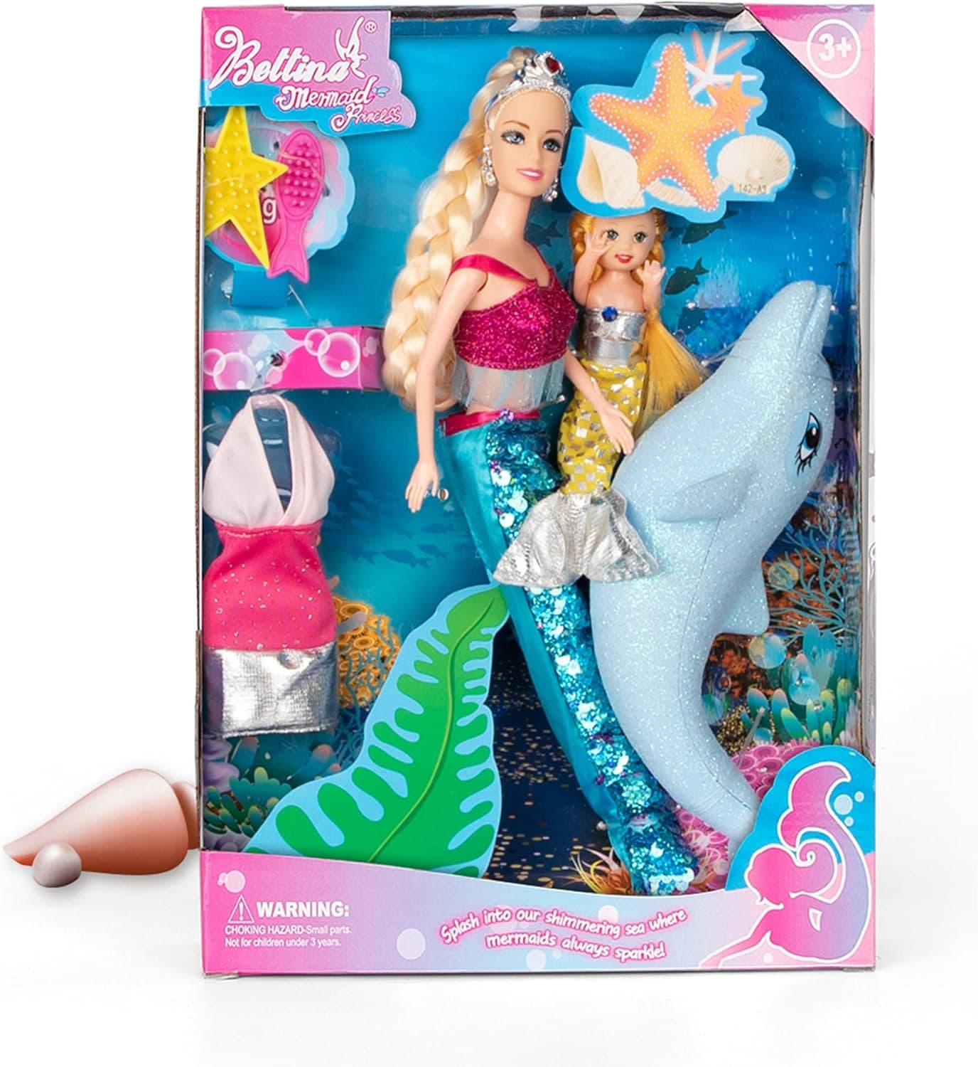 Yellow River 2023 Mermaid Princess Doll Playset, Color Changing Mermaid Tail by Reversing Squins, 12" Fashion Dress Doll with 3" Little Mermaid Dolphin and Accessories, Mermaid Gift for Girls