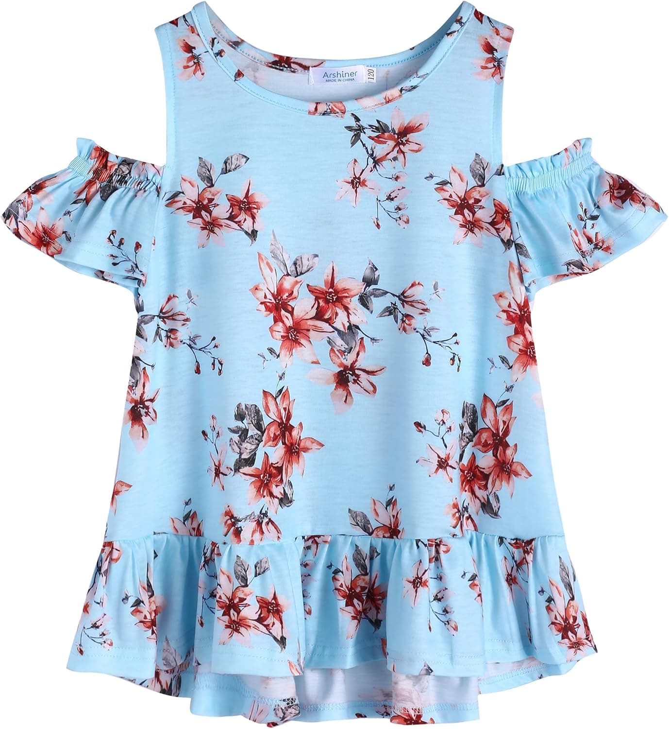 Arshiner Girls T-Shirts Short Sleeve with Cold Shoulder Ruffle Hem Blouse Cute Floral Print Tee Tops