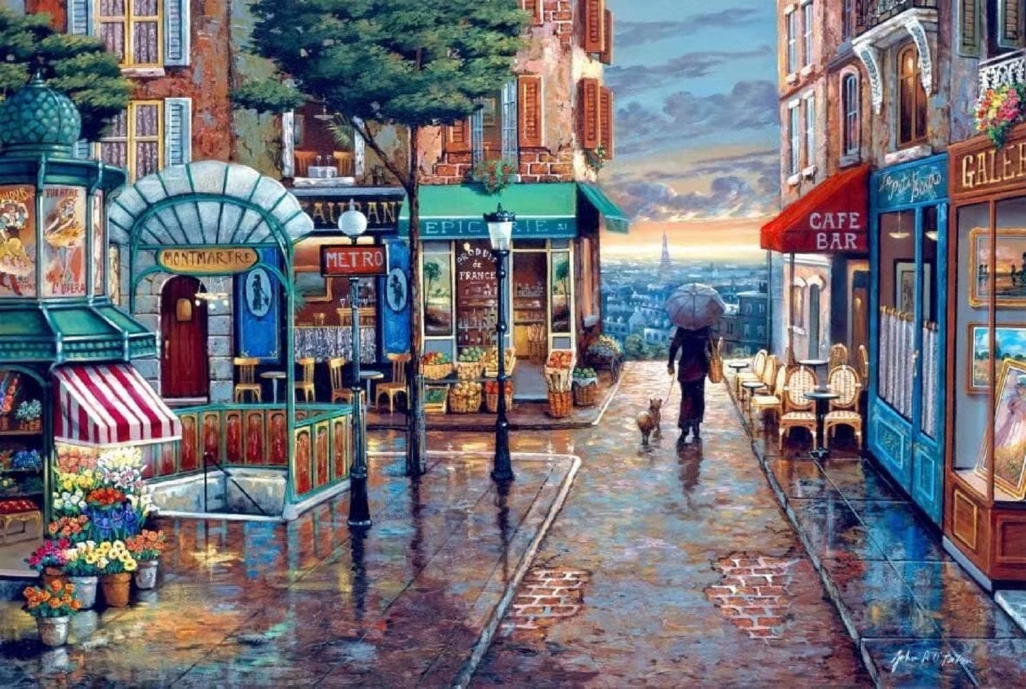Queenie® 1000 Piece Romantic Town Street Sunset Landscape Painting Family Entertainment Photo Frame Wall Decor Wooden Jigsaw Puzzles, Finish Size 30x20 inches