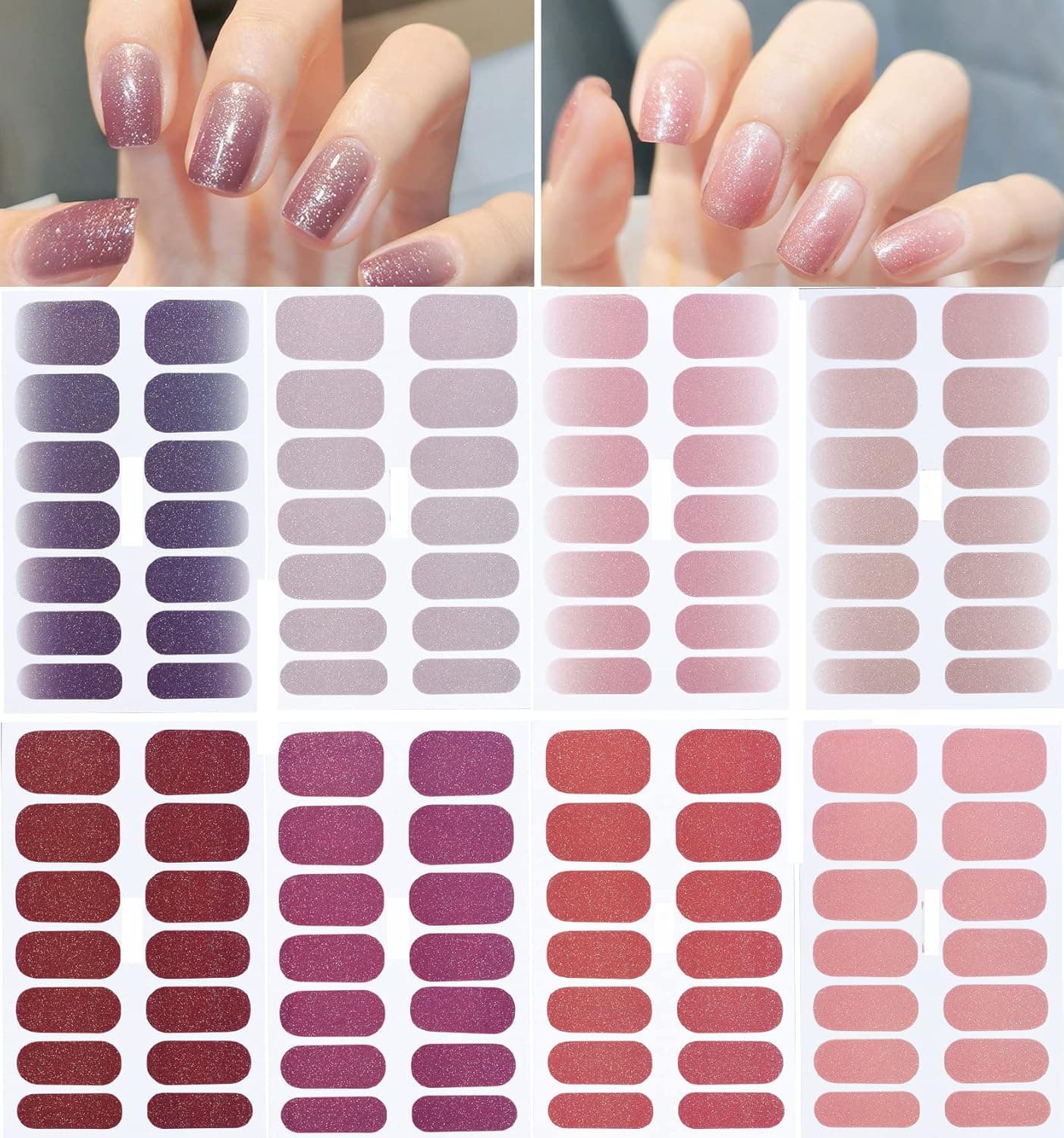Nail Stickers Full Wraps Polish Strips Nail Art Supplies, Shiny Gradient Pink Purple Nail Wraps Real Nail Polish Design Self-Adhesive Nail Decal for Women Girls Manicure Kit( 8 Sheets)