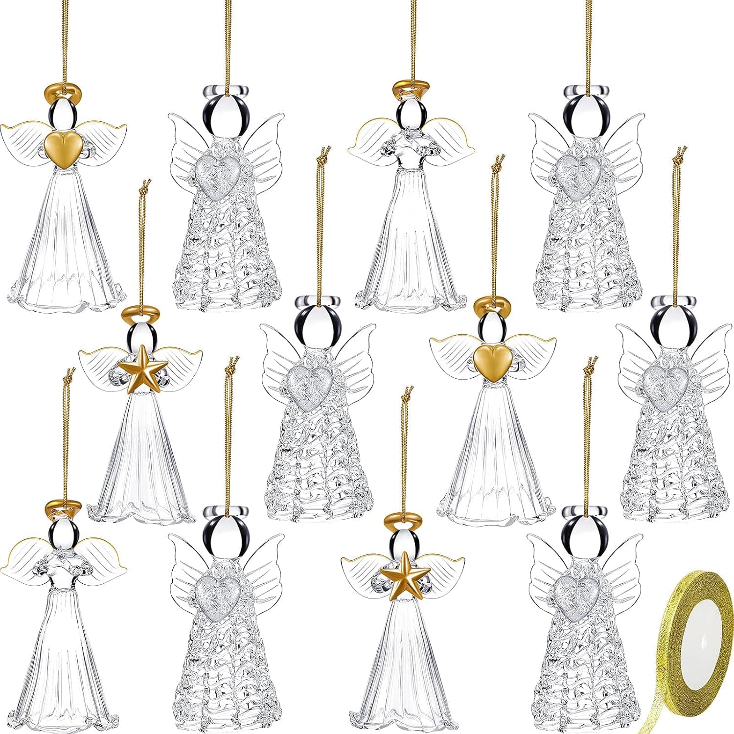 12 Pieces Spun Angel Ornament Christmas Religious Decor 2.5 Inch Beautiful Mini Glass Clear Hanging Angel Tree Ornament Christmas Season Holiday Decoration Glass Art Prayer Guardian