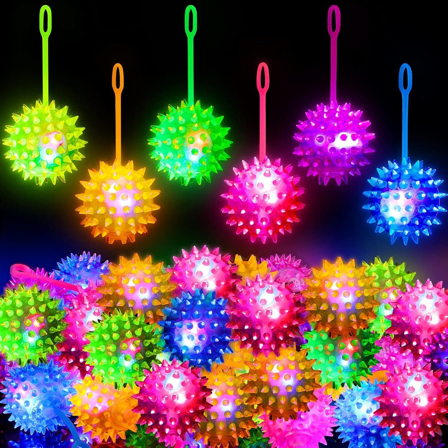 Bouncy Balls Party Favor for Kid Light up LED Ball Bulk Glow in the Dark LED Flashing Light Spiky Toy on Rope Sensory Stress Relief Fidget Toy Rubber Puffer Ball for Teen Adult Student (36 Pieces)