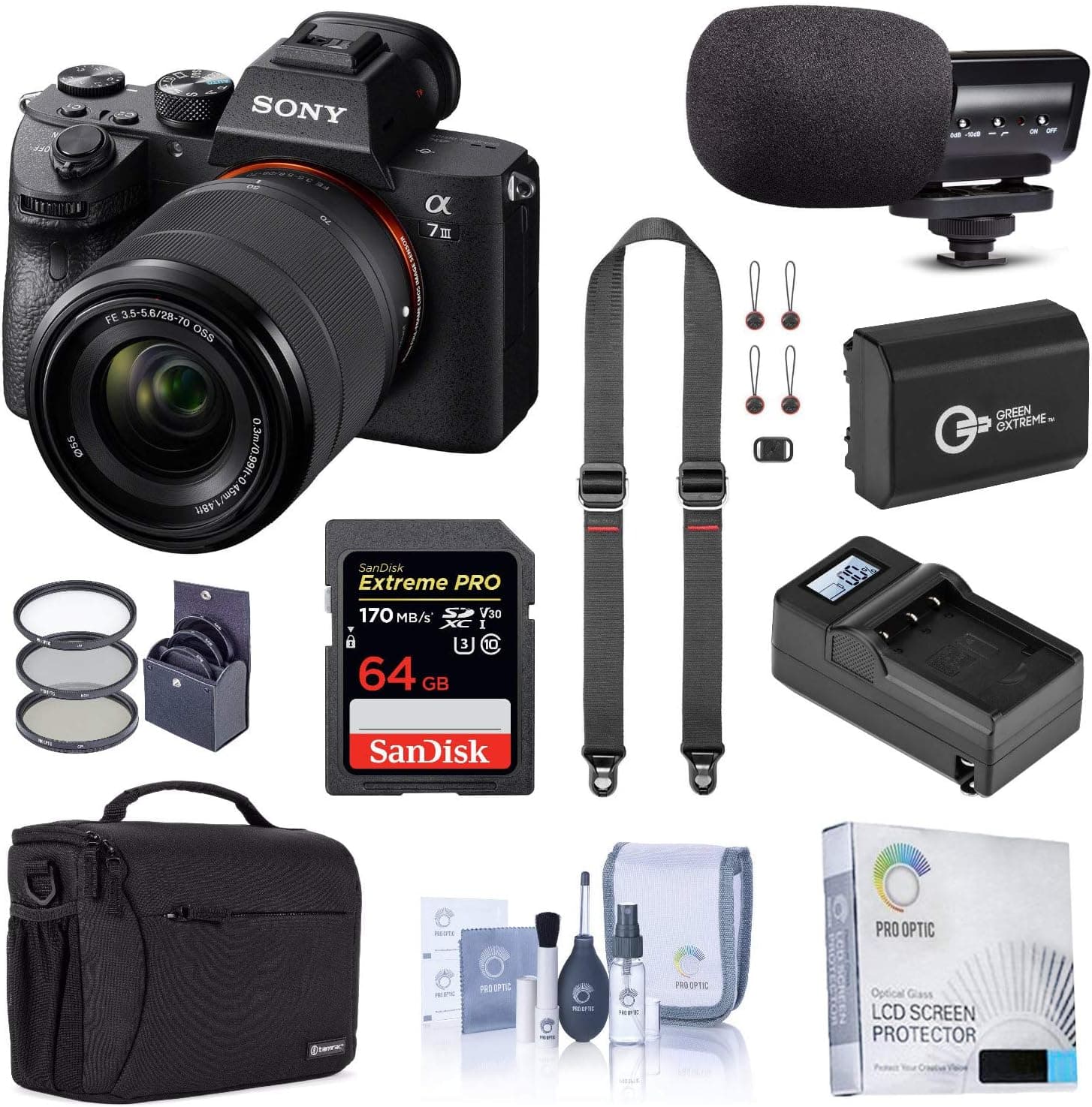 Sony Alpha a7 III Mirrorless Digital Camera with 28-70mm Lens Bundle with Bag, 64GB SD Card, Extra Battery, Smart Charger, Mic, Neck Strap and Accessories