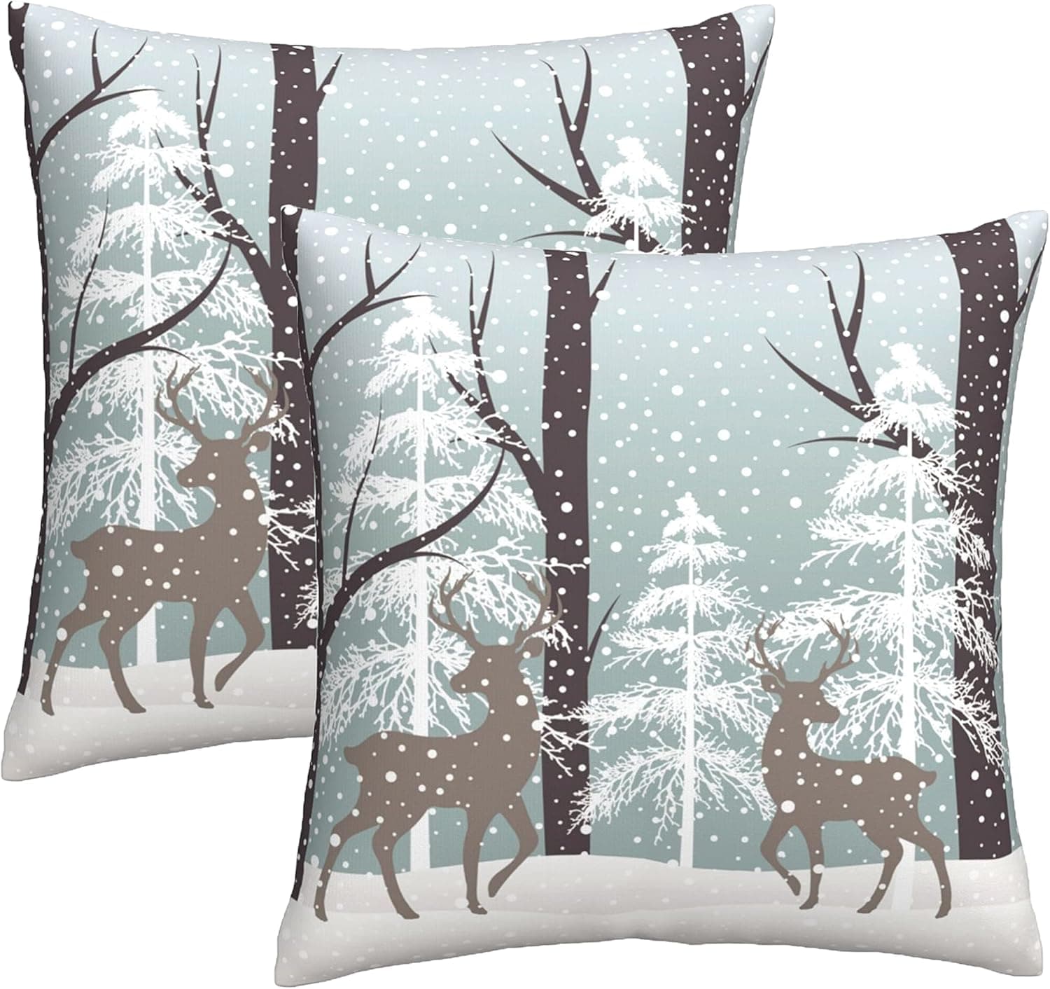 Winter Wildlife Deer Pillow Covers 18x18 Inch Christmas Landscape Deers Snow Tree Ivory Gold Throw Pillows Set of 2 Soft Cotton Pillow Case for Home Sofa Bedroom Livingroom Decor