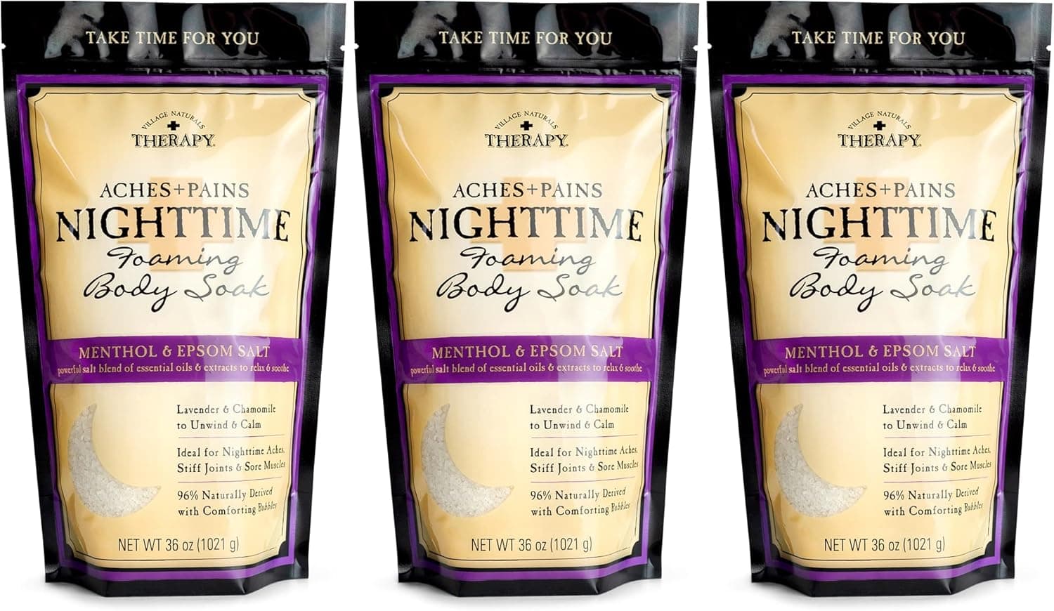 Village Naturals Therapy, Foaming Epsom Soak, Aches and Pains Nighttime Relief, 36 Oz, Pack of 3