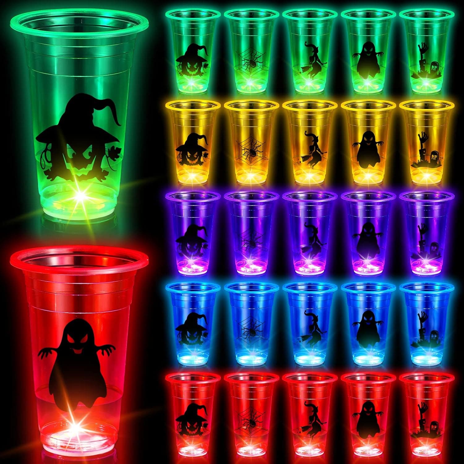 40 Pieces Glow in The Dark Party Cups 16oz Glowing Party Cups with Horror Stickers for Nighttime Party Game Glowing Cups for Indoor Outdoor Halloween Party Decorations Supplies