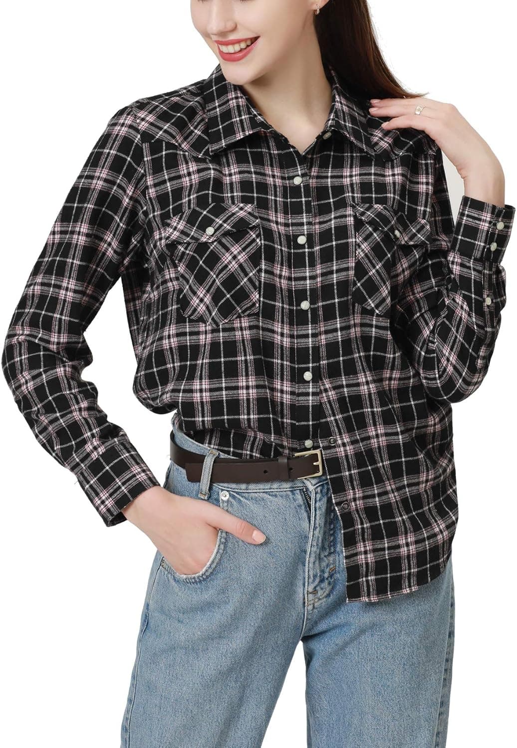 Snap Buttons Flannel Shirts for Women Long Sleeve Shirts for Women Plaid Women Shirts