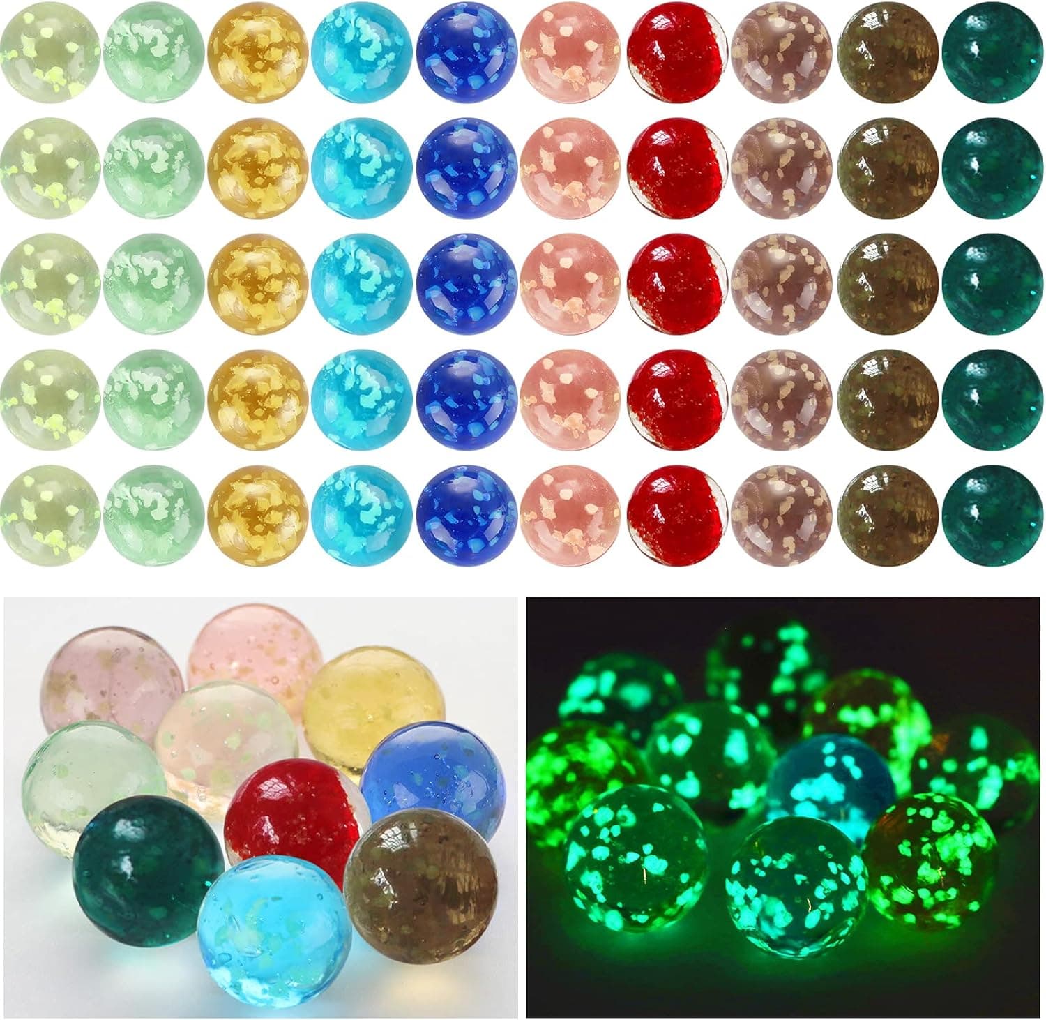 Skylety 50 Pieces Marbles Glow in The Dark Handmade Glass Marbles Colorful Glass Marbles for Boys and Girls Marble Games, DIY and Home Decoration, 10 Colors