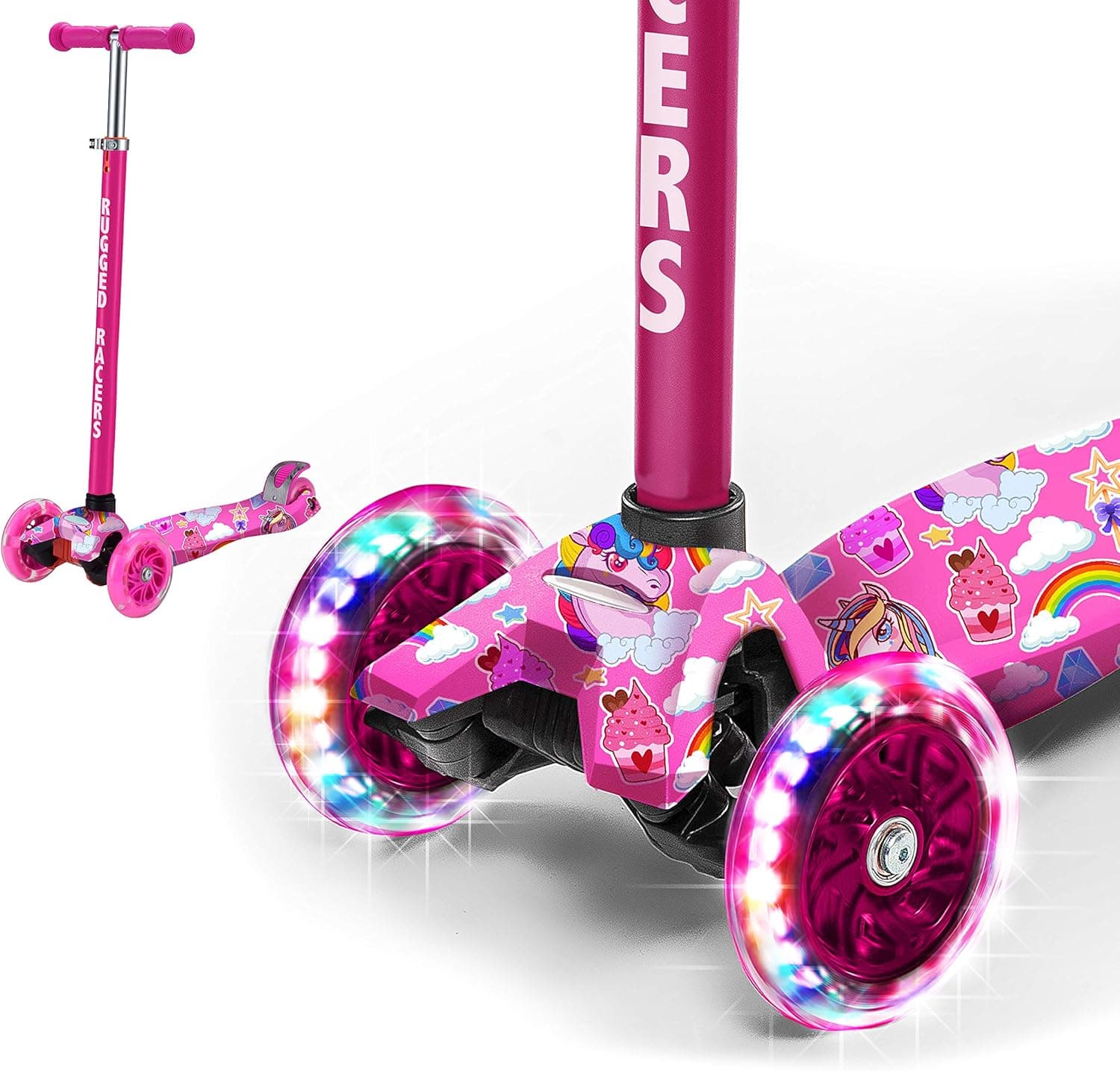 Rugged Racers Kick Scooter for Boys & Girls 3 Wheel Scooter, Adjustable Kick Scooter for Kids with PU LED Light Up Wheels, Step Brake, Lean 2 Turn, Ride on Toys for Children 5 Year Plus (Unicorn)